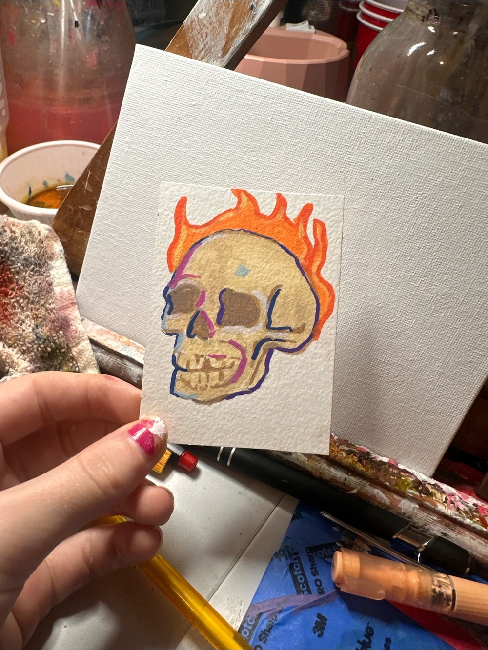 Handmade Flaming Skull Watercolor Art - Beige, Orange, Purple Accent